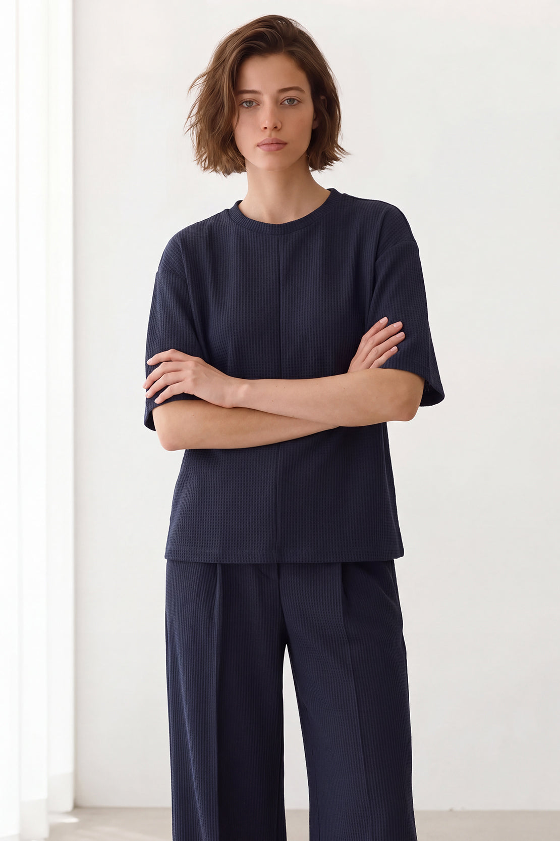 KOKO Structured Knit Drop Shoulder Top – Navy