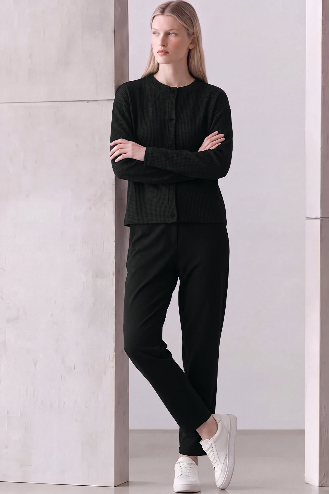 KOKO Structured Knit Button-Down Shirt – Black