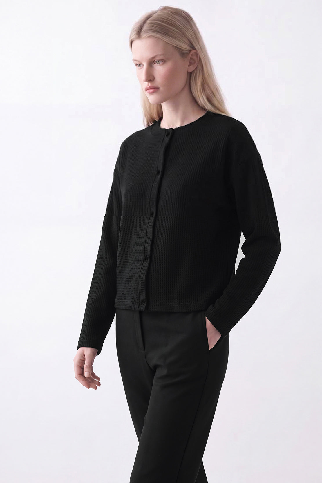 KOKO Structured Knit Button-Down Shirt – Black