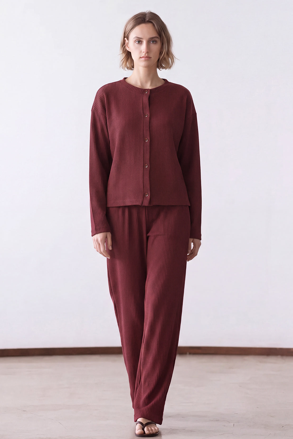 KOKO Structured Knit Button-Down Shirt – Cherry