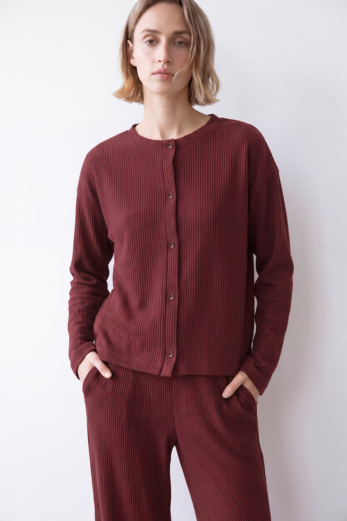 KOKO Structured Knit Button-Down Shirt – Cherry