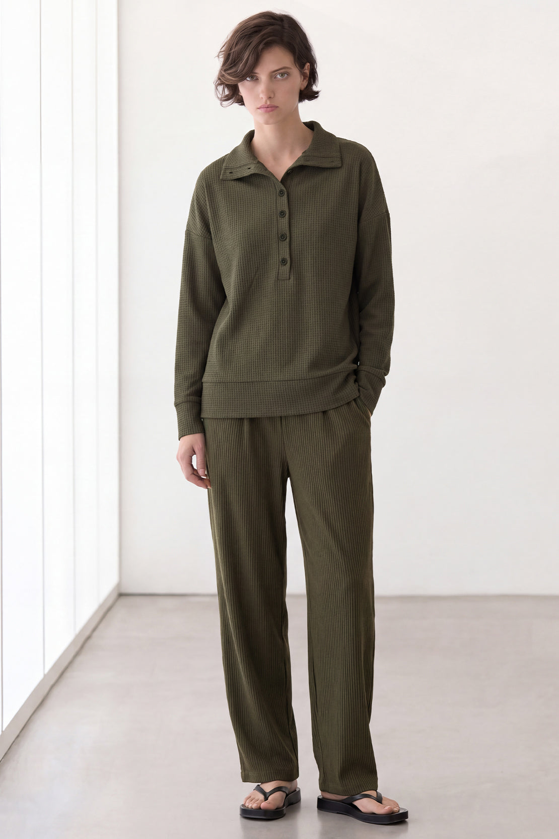 KOKO Structured Knit Button Collared Top
