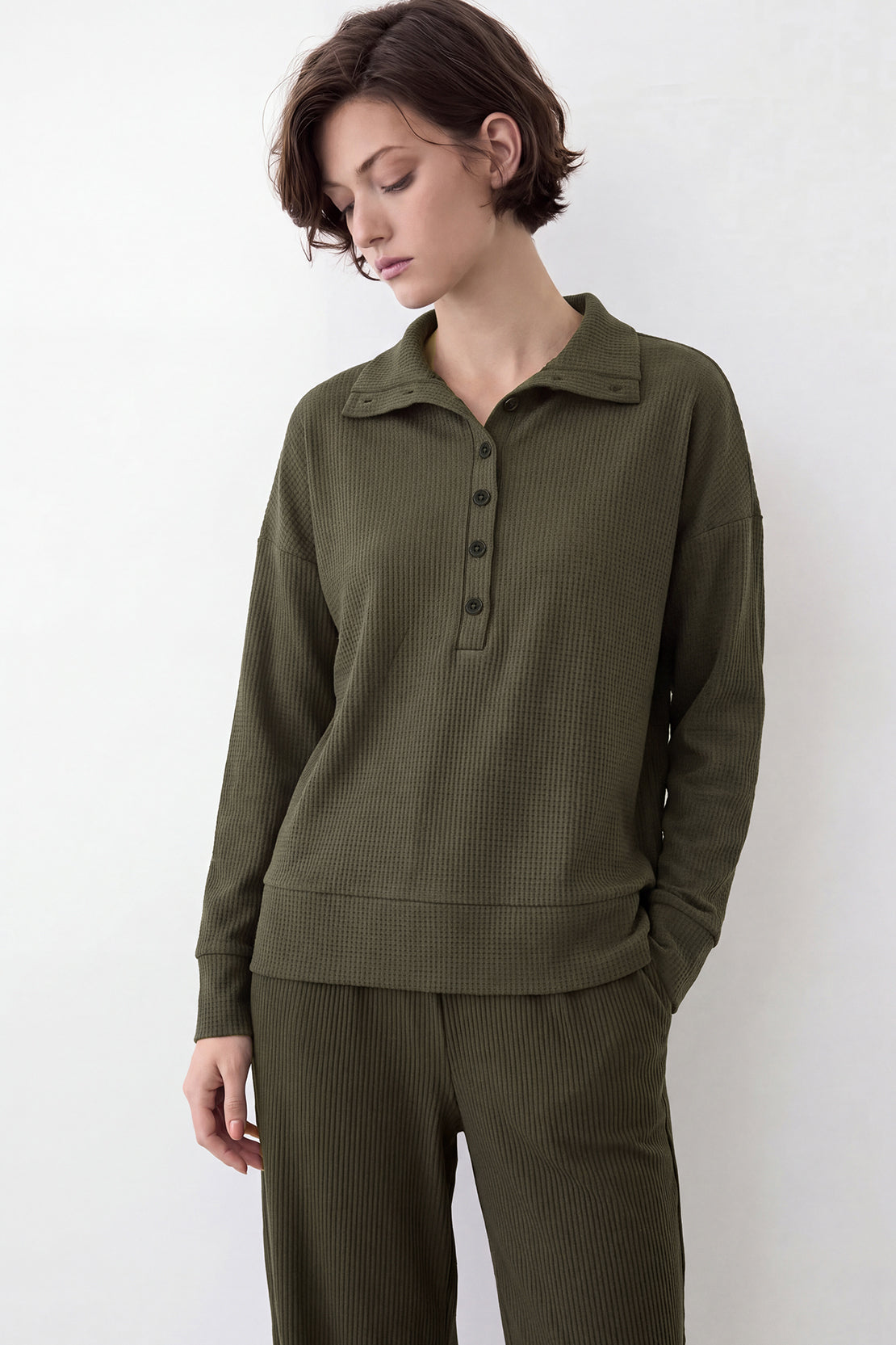 KOKO Structured Knit Button Collared Top