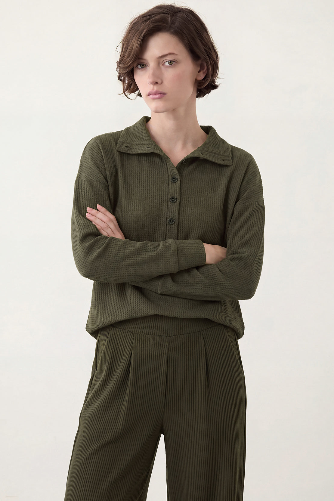 KOKO Structured Knit Button Collared Top