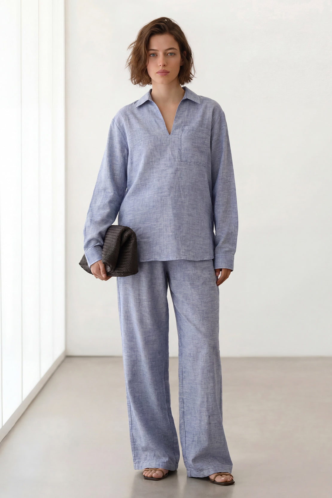 KOKO Nova Linen Relaxed Pocket Top & Relaxed Straight Pants – Cyan blue